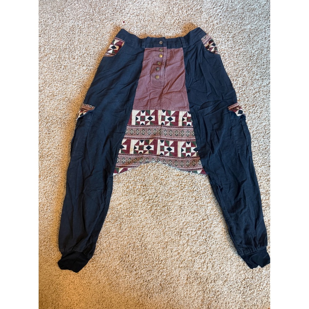 Virblatt Cotton Harem Pants Boho Drop Crotch Patchwork Joggers Black Maroon L